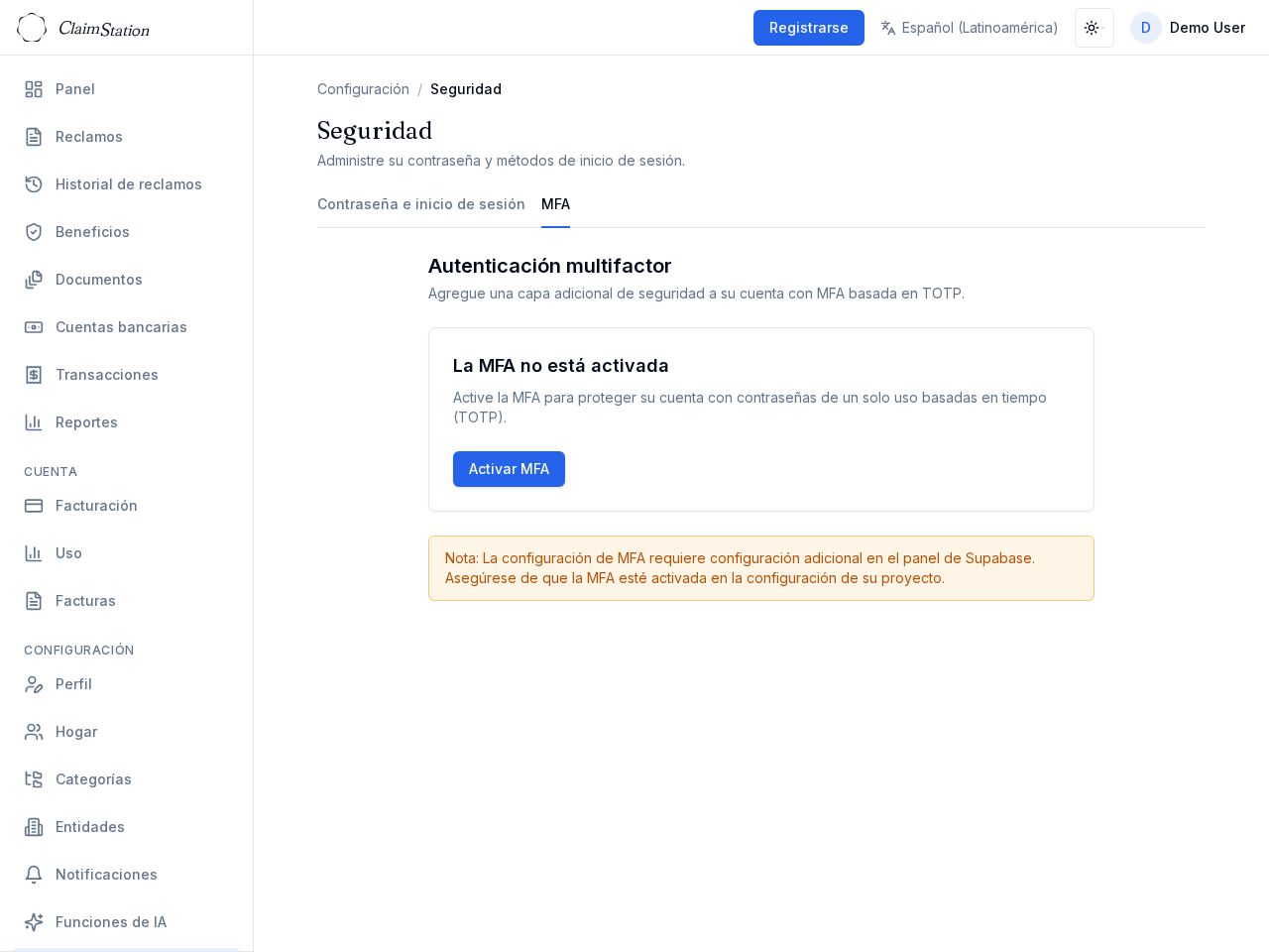 ClaimStation Settings Security MFA